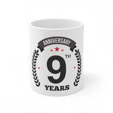 White ceramic 9th anniversary printed coffee mug, 330ml capacity for gift or celebration